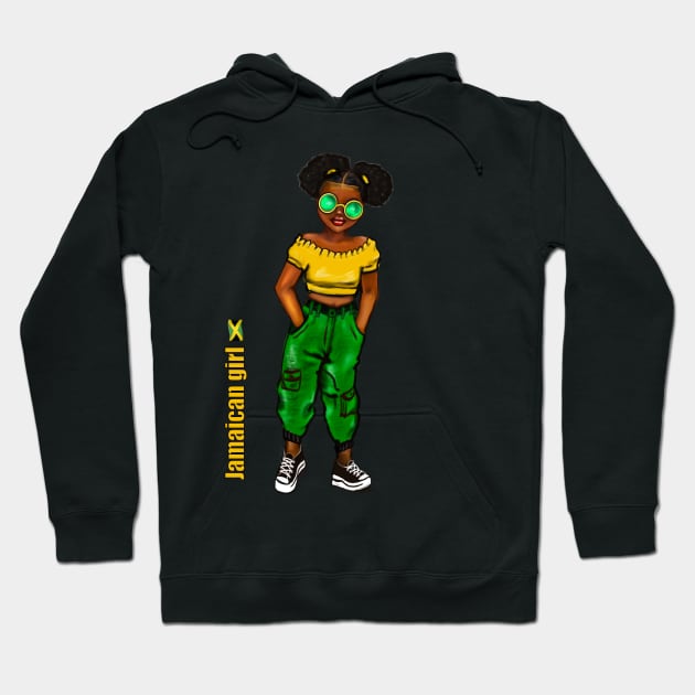 Jamaican girl in green shades with colours of Jamaican flag in black green and gold inside a heart shape Hoodie by Artonmytee